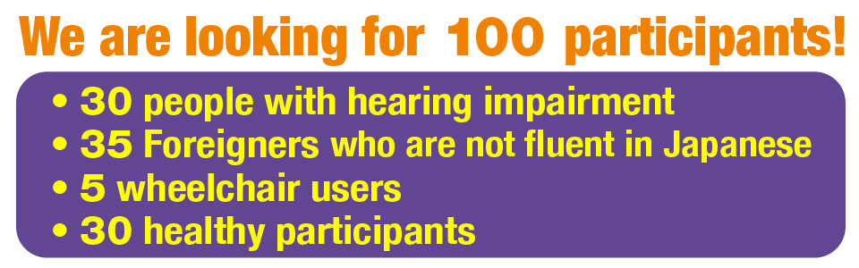 各会場 参加者100人募集!!　　聴覚障害者 30名　　外国人※日本語が 流暢でない方 35名　　車いす利用者 5名　　健常者 30名
