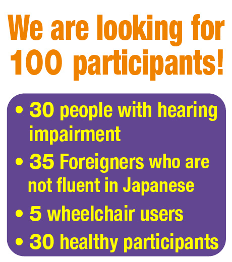 各会場 参加者100人募集!!　　聴覚障害者 30名　　外国人※日本語が 流暢でない方 35名　　車いす利用者 5名　　健常者 30名
